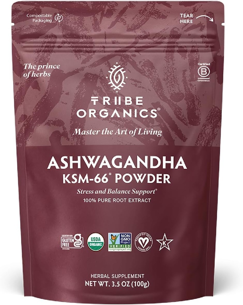 TRIBE ORGANICS KSM-66 Ashwagandha Root Extract Toz Ayurvedic Herb for Mood Support | Enerji | Güçlü - Organik | Doğal | Gluten Ücretsiz | GMO | Full-Spectrum - 100g Pouch