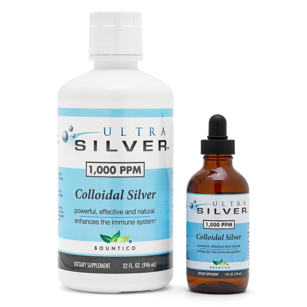 Ultra Silver® Colloidal Silver | 1.000 PPM, 32 Oz (946mL) | Mineral Tamam | Gerçek Colloidal Silver - 4 oz Dropper Şişe (Empty) Dispensing için dahil!