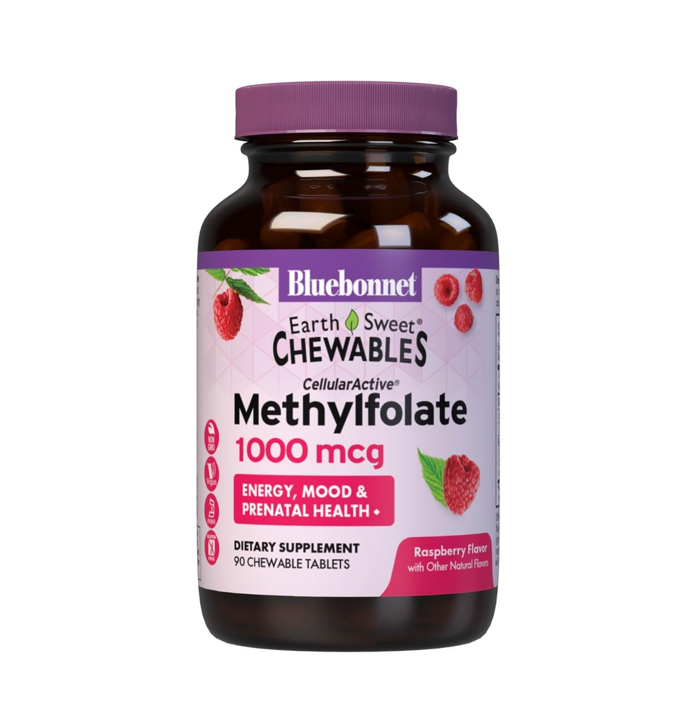 Bluebonnet EarthSweet Torchfolate 1000 mcg Cellular Active Coenzyme 5MTHF L Metil Foate Supplement - Prenatal & Energy Support - Non-GMO, Vegan, Gluten-Free - Raspberry - 90 Chewable Tabletler