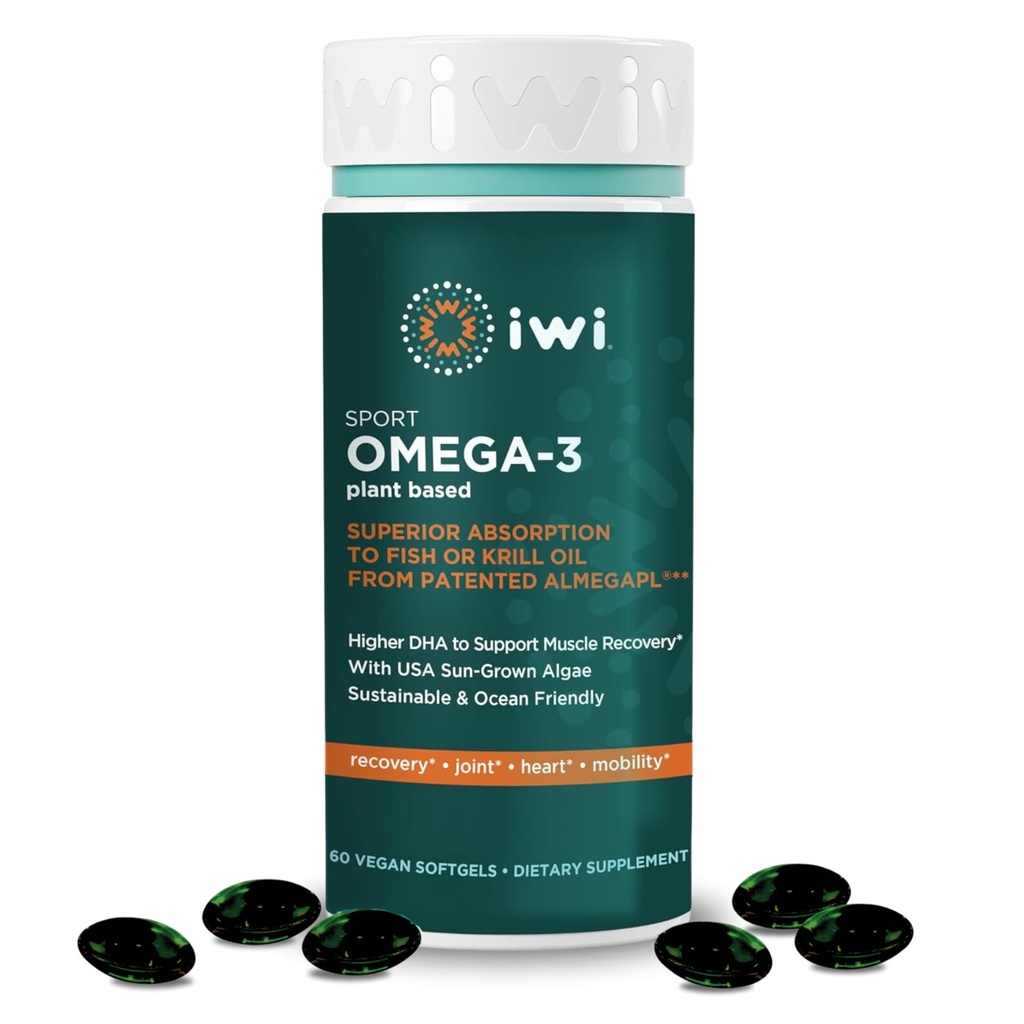 Iwi Omega-3 Sport, 60 Softgels (30 hizmet), Plant-Based Vegan Algae Omega 3 with DHA, Egzersiz Kurtarma Desteği Diyeter Supplement, Krill & Fish Oil Alternative, No Fishy Aftertaste