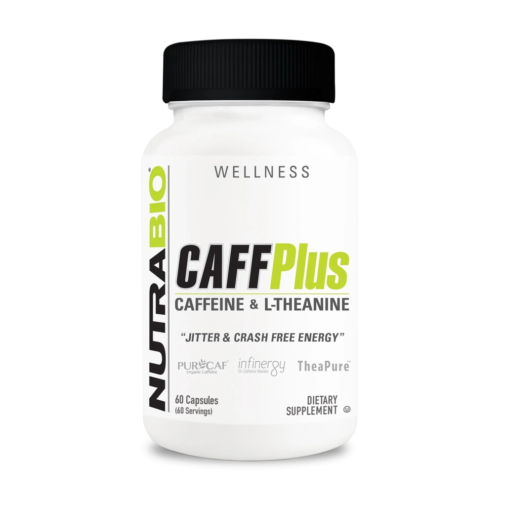 NutraBio CaffPlus, Sağlıklı Enerji Boost için Theanine ile Dual Source Caffeine - 60 Sebze Kapsülleri
