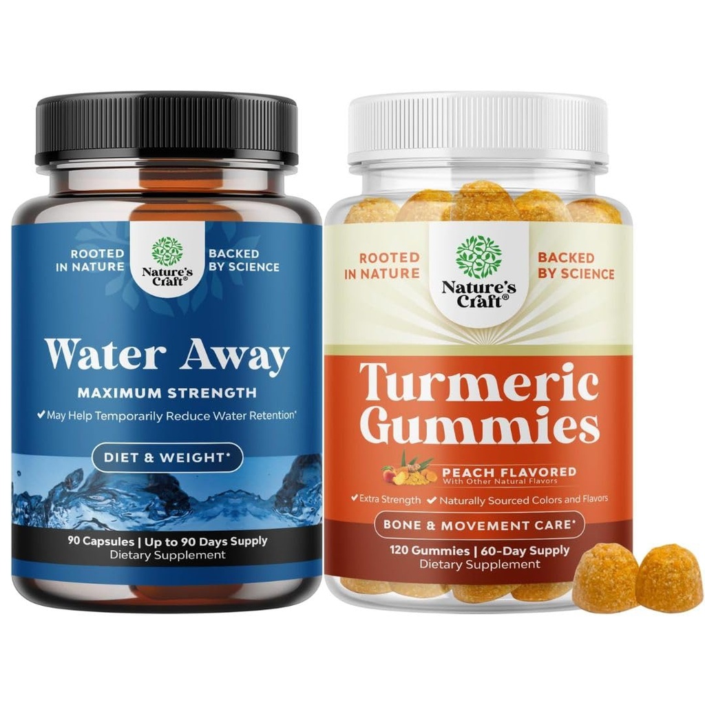 Water Away Akışkanları Dandelion Leaf Extract & Green Tea for Bloating Relief and Turmeric Gummies for Yetişkinler Peach Flavor - Turmeric Curcumin with Black Pepper Extract and Ginger