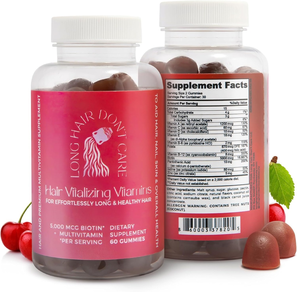 Long Hair Don't Care Hair Vitalizing Vitamins, Hair Skin and Nails Vitamins, Vitamins for Women and Men, Pantothenic Acid, Folic Acid & Biotin Gummies, Non-GMO Hair Vitamins, 60 Gummy Vitamins