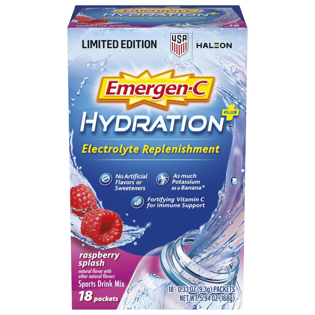 Emergen-C Hydration+ Sports Drink Mix with Vitamin C (18 Count, Raspberry Flavor), Electrolyte Replenishment, 0.33 Ounce Toz Paketleri