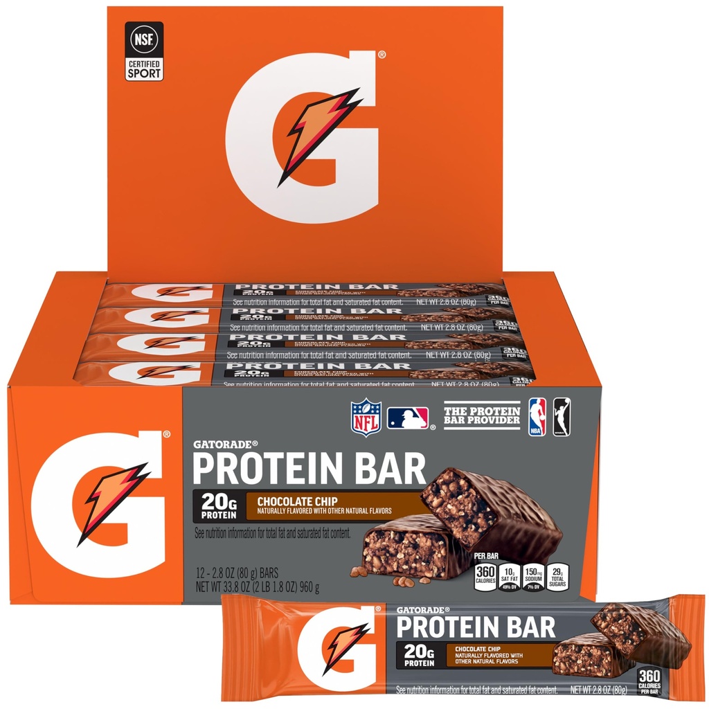 Gatorade Whey proteini Bars, Chocolate Chip, 2.8 ounce(Pack of 12)