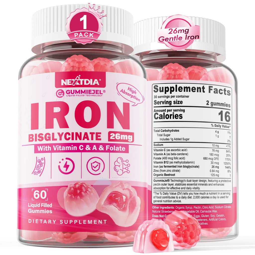 Kadınlar ve Erkekler için demir Gummies - Demir Bisglycinate ile yetişkinler için C Folate B12 Çinko, Demir Eksikliği için Chewable Gentle Iron, Enerji Boost, Non-Constiping & After Taste, Sugar-Free 1 Pack