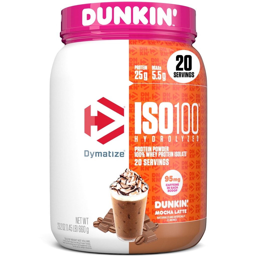 Dymatize x Dunkin' Mocha Latte ISO100 Whey Protein Powder, 95mg Caffeine, 25g of Protein, 20 Servings, 5.5g BCAAs, 120 Cal., Gluten Free, 1g Fat, 1g Sugar, 3g Carb