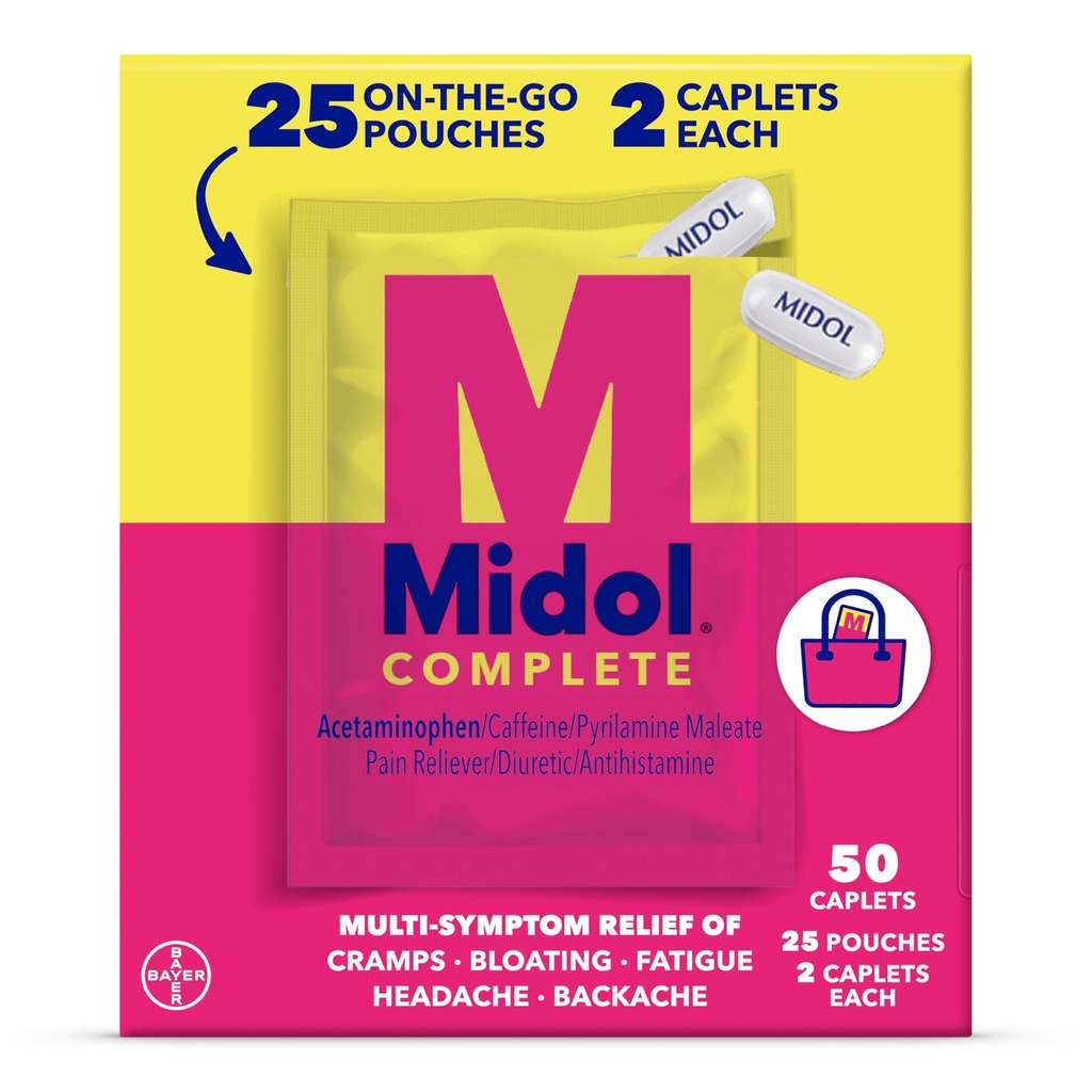 Midol Tamam The Go Caplets with Acetaminophen for Menstrual Symptom Relief, Period Cramp and Menstrual Pain Relief, Count 50 (25 Pouches of 2)