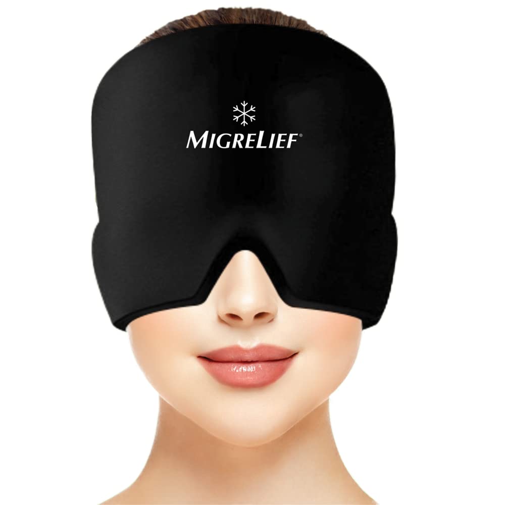 Migrelief Migraine Relief Cap – Buz Cap for Migraines and Headaches with 360 Degree Head and Eye Coverage - Cold Therapy Headache Hat and Migraine Maske for Natural Pain Relief - One Dimension, Black Cap