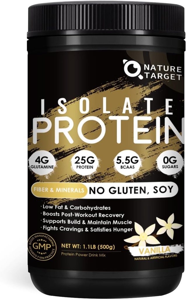 NATI TARGET Isolate Whey Protein Toz Vanilla, 25g Protein Low Carb Sugar-Free & Gluten-Free, 5.5g BCAAs, Fibers & Minerals, 1.1 Pound, 16 Hizmetler
