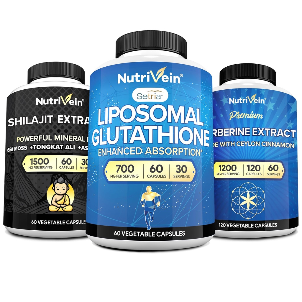 Nutrivein Premium Shilajit Capsules, Liposomal Glutathione Supplement, & Berberine Supplement Sche: Berberine, Glutathione, & Shilajit Capsules for Men & Women - Metabolism, Vitality, & Balance