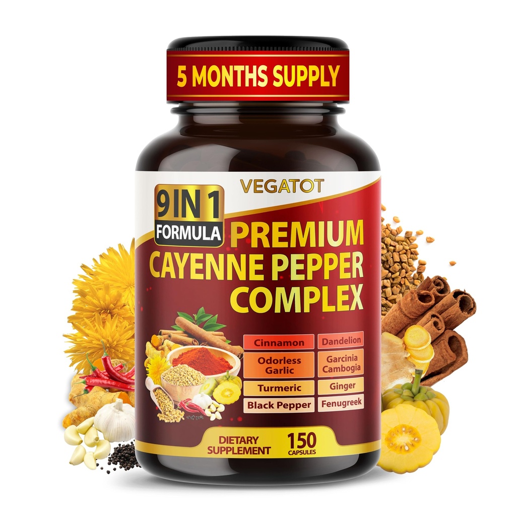 Organik Cayenne Pepper 9IN1 Kompleksi Cinnamon, Ginger, Turmeric for General Health, Immune System, Digestion Wellness (150 $ 1))
