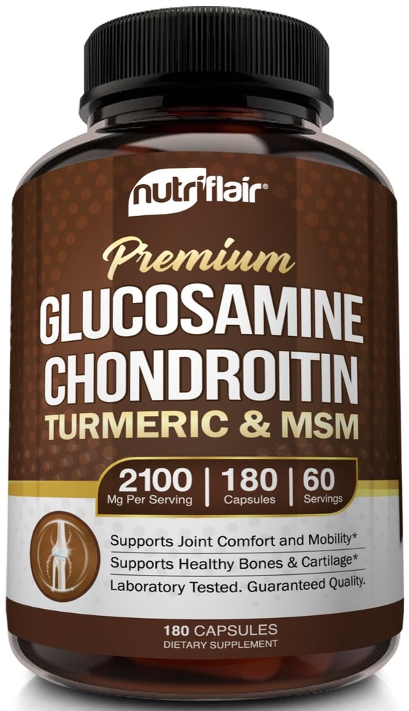 NutriFlair Glucosamine Chondroitin Turmeric MSM Boswellia, 180 Capsules - Ortak Konfor Supplement - Natural & Non-GMO - Antioksi Pills - Supports Back, Dizs, Hands, Commons, Cartilageage