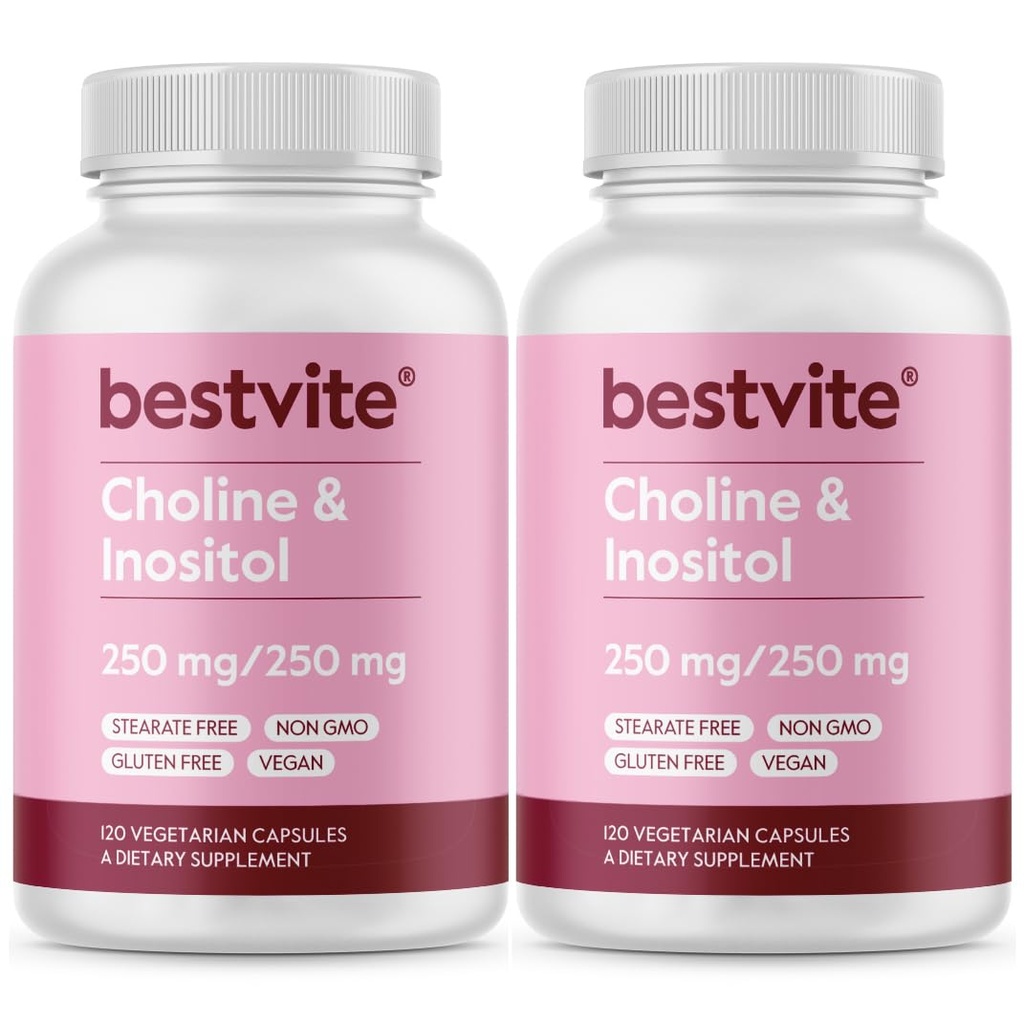 BESTVITE Choline Inositol 500 mg (240 Vejetaryen Capsules) (120 x 2) - No Stearates - No Dicalcium Phosphate - No Fillers - Vegan - Non GMO - Gluten Free Capsules)
