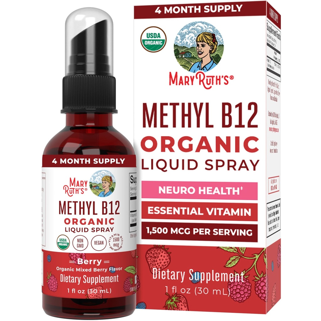 MaryRuth Organics Vitamin B12 Sıvı yapıştırıcısı | Vegan, Non-GMO, Gluten-Free | USDA Organic Supplement | Energy & Nervous System Support | B12 Vitaminleri Kadınlar ve Erkekler için | 1. Fl Oz