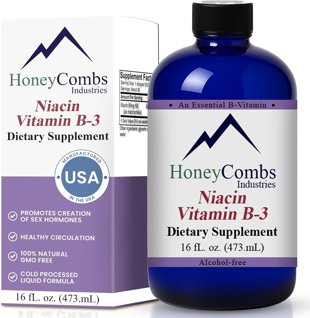 HoneyCombs Vitamin B3 Niacin Supplement Liquid Drops - Erkekler ve Kadınlar için Yüksek Potency Vitamin B3 Sıvı Ödevler - Digestive System, Skin, Tongue, Enerji ve Daha Fazlası - Vegan Niacin Drop (16 Fl oz)