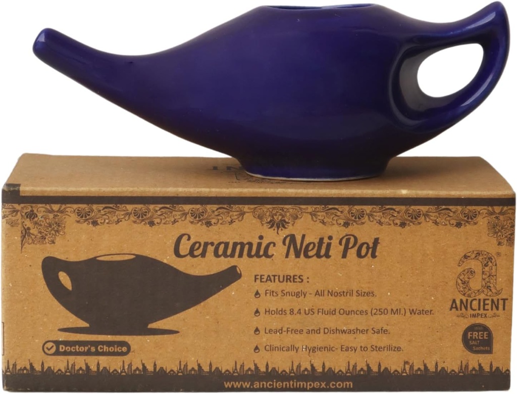 ANCIENT IMPEX Seramik Neti Pot 250 Ml (Violet) 5 Sachets Neti Salt | Nasal Yıkama için Doğal Remedy, Sinus Relief & Nasal Hijyen | Ayurveda Nasal Irrigation Pot 250 Ml (Violet)