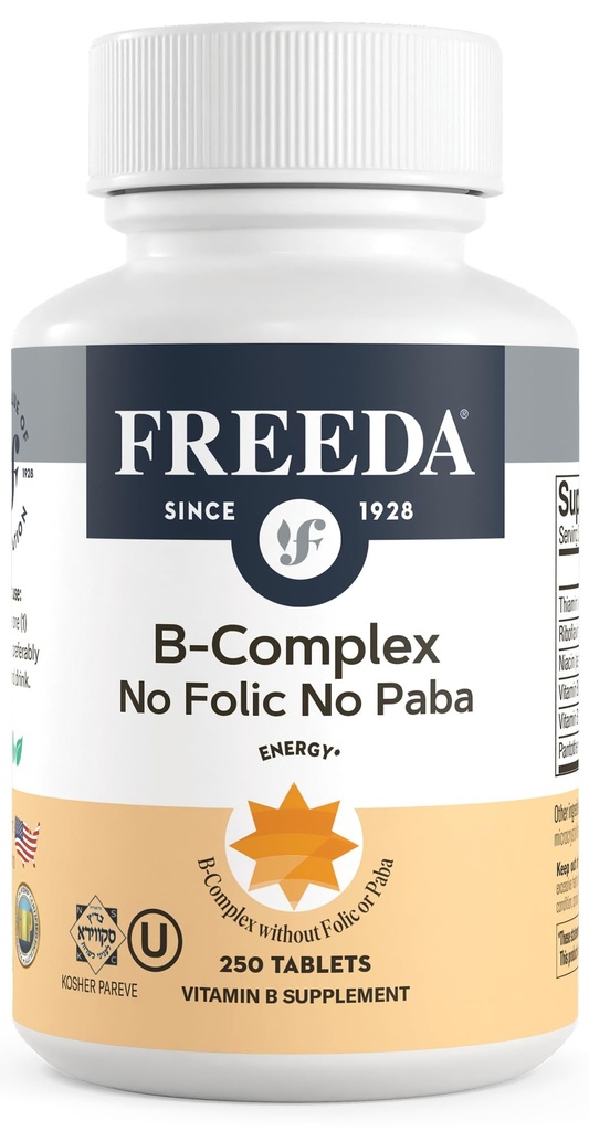 Freeda Vitamin B Kompleksi No Folic No PABA - Super B Complex Kosher Vitamini B3 Vitamin B5 B6 Vitamin B12 - Kadınlar ve Erkekler için B Kompleks (250 Ct)