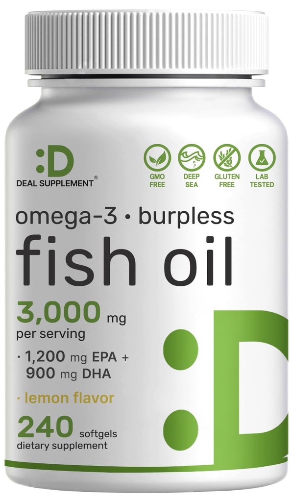 DEAL SUPPLEMENT Omega 3 Fish Oil Supplements, 3000 mg EN 240 Softgels – EPA 1200 mg + DHA 900 mg – Burpless Pills, Lemon Flavored, Wild Caught – Brain & Heart Support – Mercury Free, Non-GMO