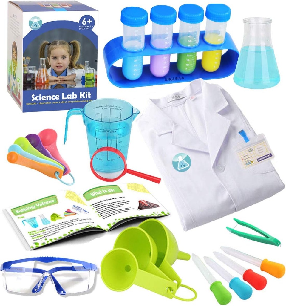 UNGLINGA Kids Science Deney Kit with Lab Coat Scientist Kostüm Elbise ve Rol Play Oyuncakları Erkek Kızlar Çocuk Noel Doğum Günü Partisi