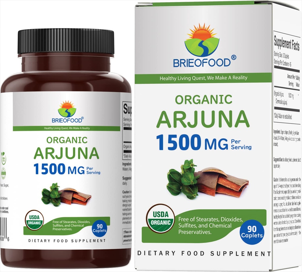 Brieofood Organik Arjuna 1500 mg, 45 Hizmet, Vejetaryen, Gluten Free, 90 Vegetarian Tablet
