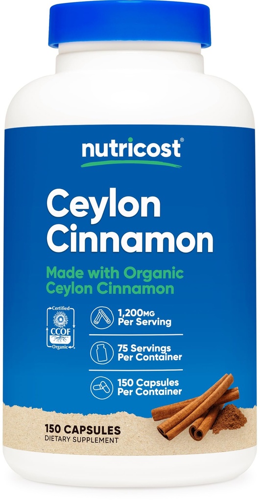 Nutricost Organic Cinnamon (Ceylon Cinnamon) 1.200 mg Servis, 150 Capsules - Gluten Free, Non-GMO