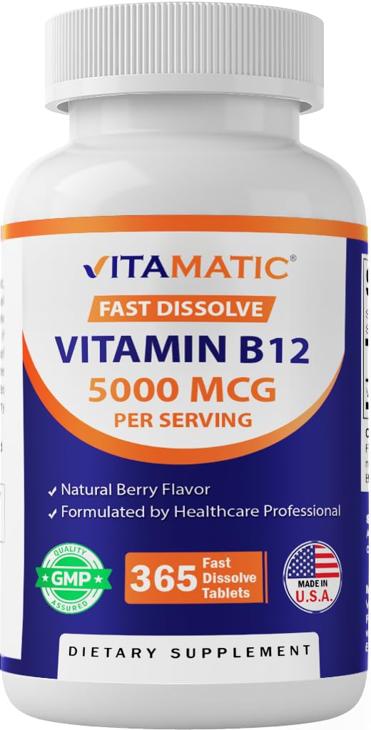 Vitamatic Vitamin B12 5000 mcg – 365 Hızlı Dissolve Tabletler Berry Flavor – Enerji Üretimi & Nervous System Health – Non-GMO, Gluten-Free-Free-GMO, Gluten-Free