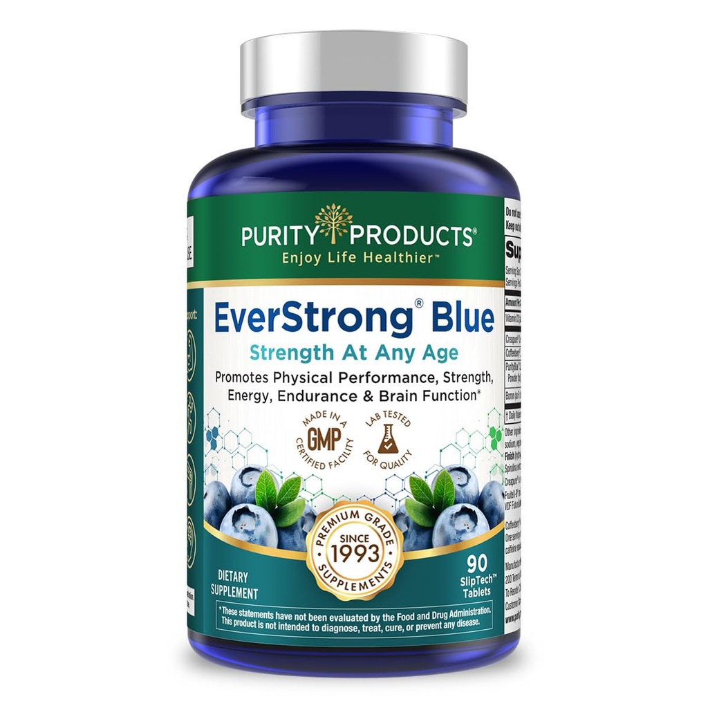 Saf Ürünler EverStrong Blue Strength Building + Brain Boosting w/Muscle Matrix Mix ft. Kretine Monohidrat + Daha Fazla, Saf Blue Organic Blueberry Complex, 1000 IU Vitamin D3-90 Tabletleri