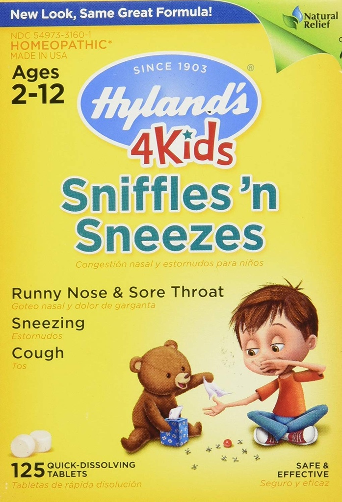 Zinc for Kids Ages 2+, Cold Medicine Tablets, Hyland's 4 Kids Sniffles n' Sneezes, Decongestant, Headache and Sinus Relief, Natural Treatment for Allergy and Common Cold Symptoms, 125 Count