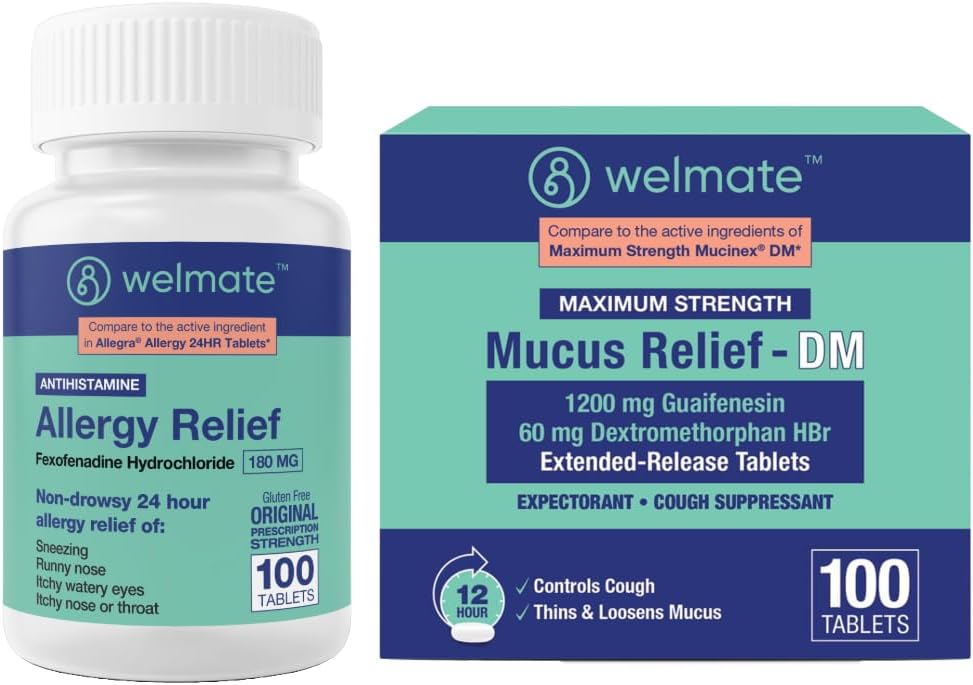 WELMATE Tamamen Antivirüs & Congestion Relief Sche: Fexofenadine HCl 180 mg Non-Drowsy Antihistamine (100 Ct) + Mucus Relief DM 1200 mg Guaifenesin & 60 mg DXM (100 Ct) | 12Hr Respiratory Support