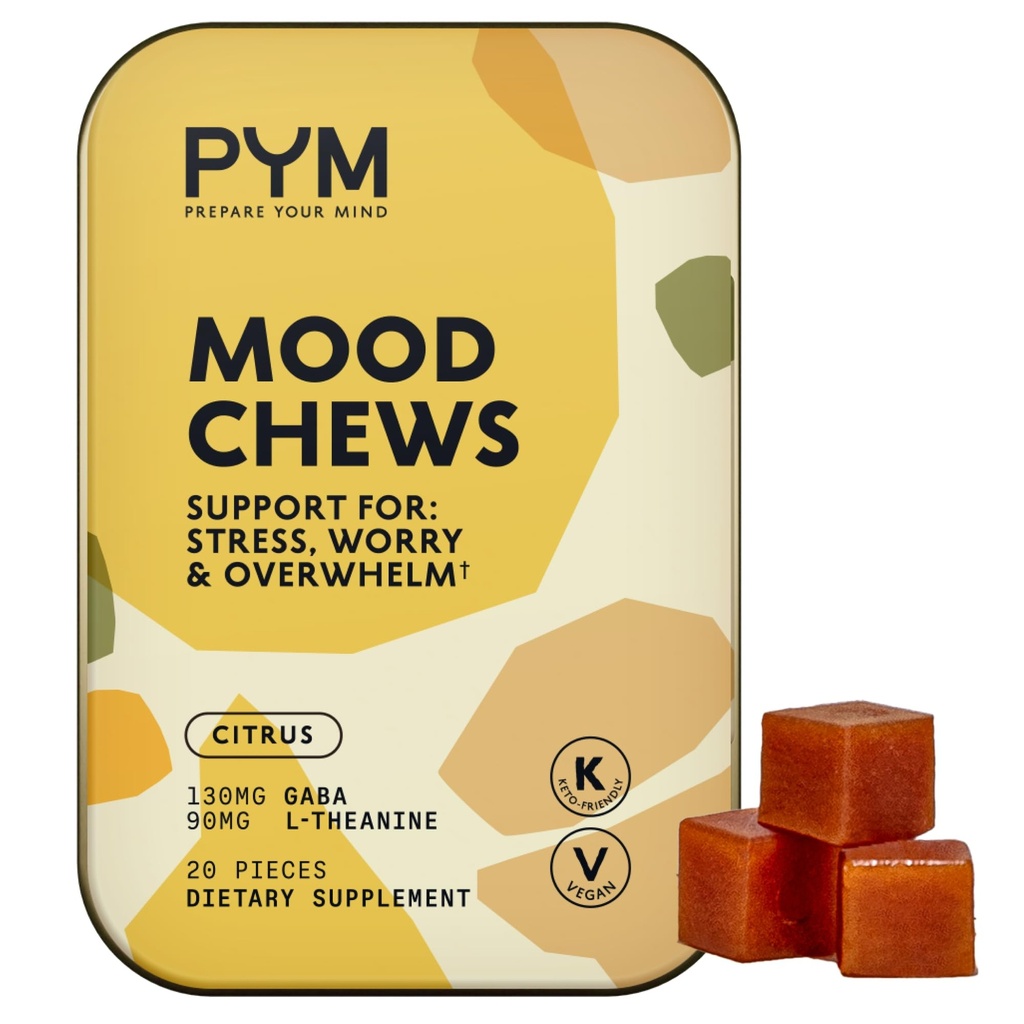 PYM Citrus Mood Chews Support for Stress, kaygı & Overwhelm, 20 Kont | 130 mg GABA, 90 mg L-Theanine | Vegan, Non-GMO, Gluten-Free, No Add Sugar | All- Natural Mood Balance Supplement Made in USA