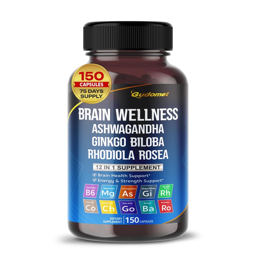 Beyin Wellness Ginkgo Biloba Rhodiola Cordyceps Chamomile Ashwagandha Gotu Kola Bacopa Rosemary Holy Basil Black Pepper -150 Capsules- Made in USA
