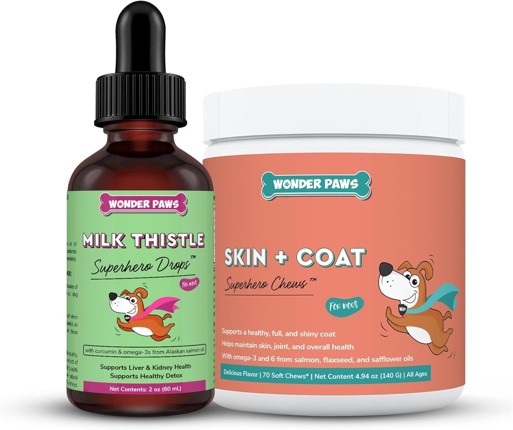 WONDER PAWS Süt Butle Drops Plus Skin + Coat Yumuşak Chews - Köpekler Liver ve Kidney Desteği için, Detox & Skin and Coat Health - Milk Thistle 2 Ounces - Skin + Coat Chews