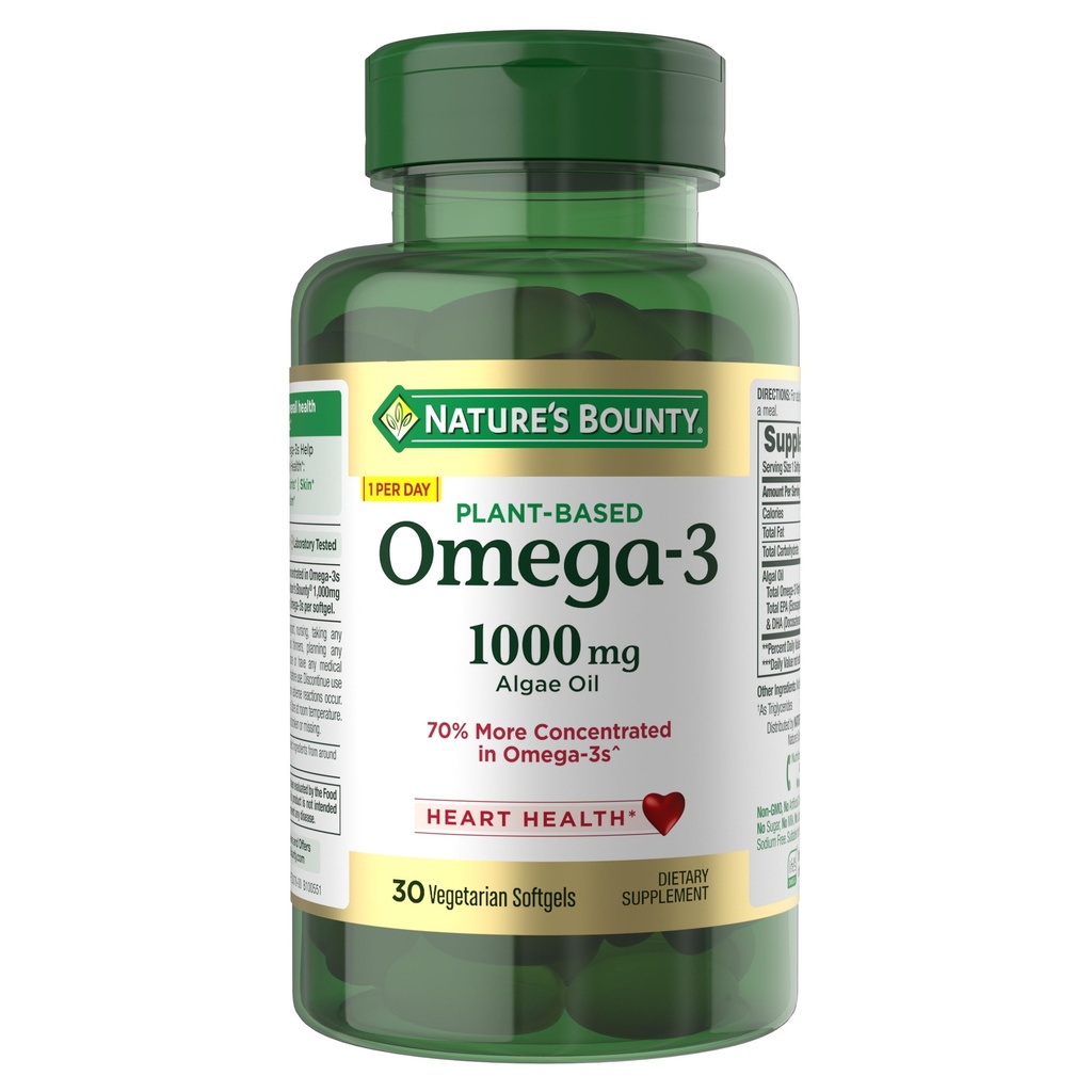 Nature's Bounty Omega 3, Plant-Based Omega 3 Fatty Acid Supplement, 520mg, Supports Whole Body Health Including Heart, Skin, Joint, 30 Vegetarian Softgels, Fish Oil Alternative