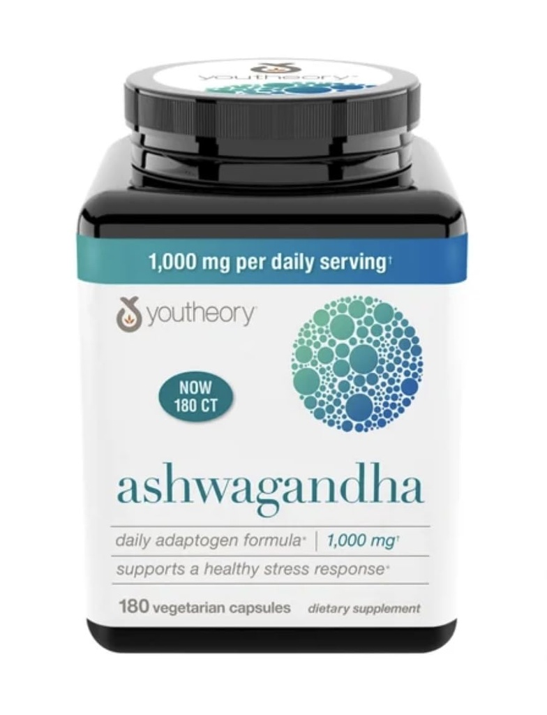 Youtheory Ashwagandha 1000 mg with KSM-66 - Sağlıklı Stres Yanıtını Destekleyin,180 Capsules (Pack of 1)