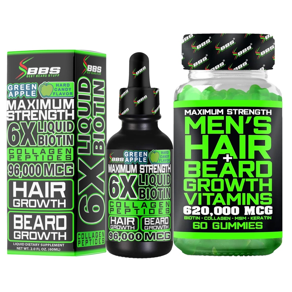 Ayıd growth Kit w/ 6X Liquid BIOTIN Supplement with Collagen Peptides + 6 20.00006 14-in-1 BIOTIN Gummies / Beard Büyüme Vitaminleri ve Saç Büyümeleri Erkekler için - Amerika'da Formüle Edildi