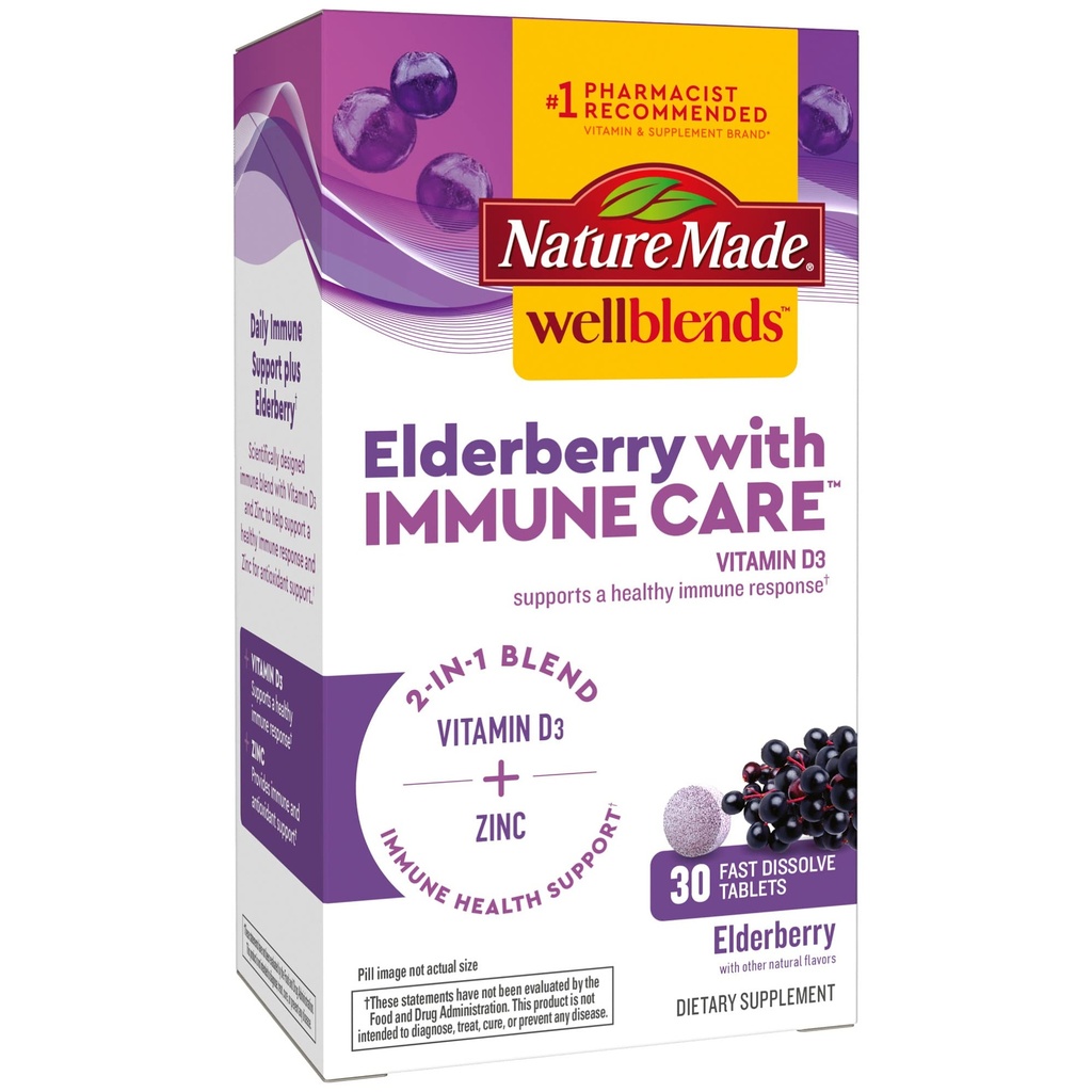 Nature Made Wellblends Elderberry with ImmuneCare, Vitamin D3 ve çinko, Elderberry Flavor, 30 Hızlı Dissolve Tabletleri