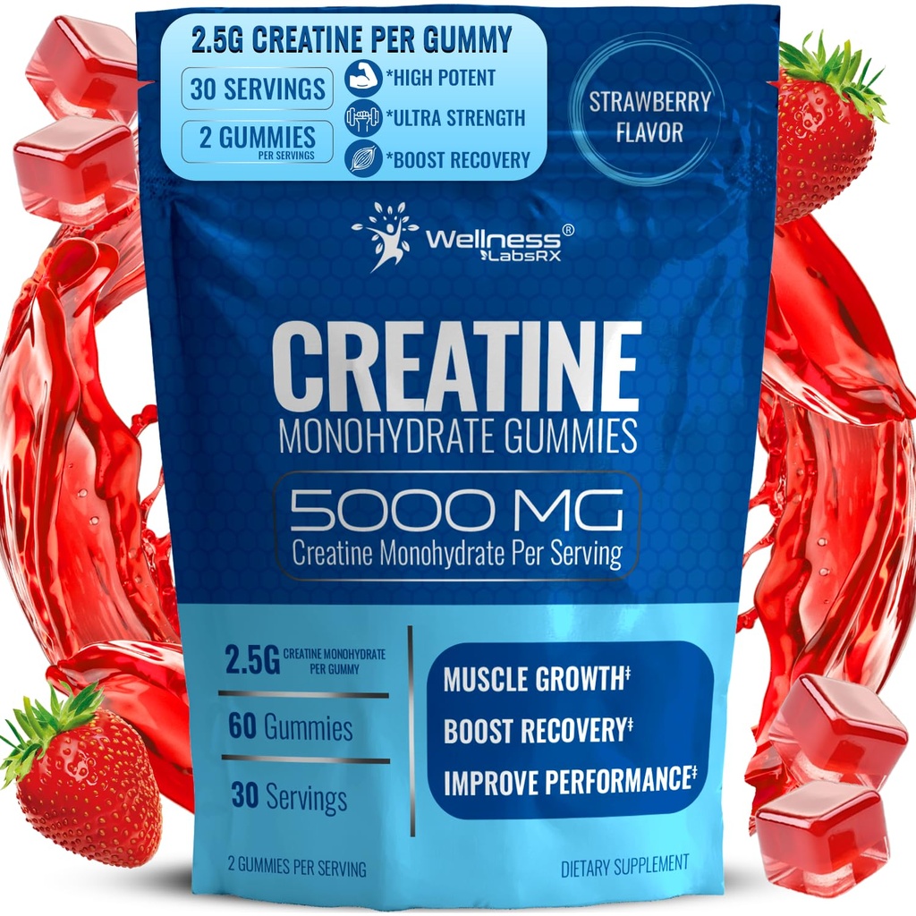 WELLNESS LABSRX Kretine Gummies 5000 mg, 30 Hizmetler Kretine Monohidrat Gummies, Strawberry Flavor Kretine for Men - Pack of 2