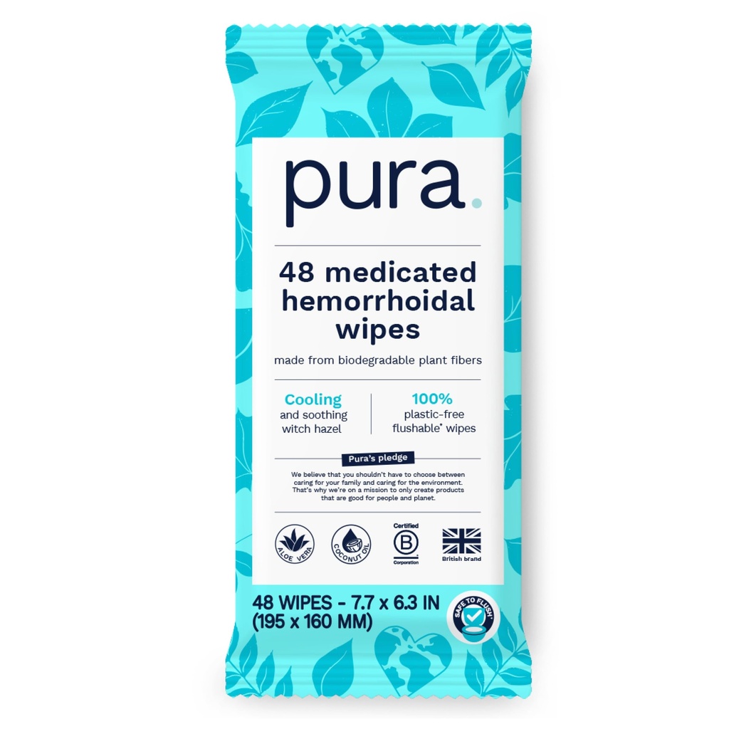 Pura Flushable Hemorrhoid Wipes XL, 48 Kont, Medicated with Soğutma Cadısı, Aloe & Coconut Oil, Hızlı Yardım, Fragrance-Free, 100% Plastik-Free