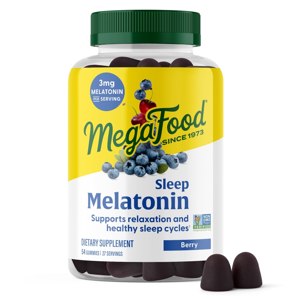 MegaFood Melatonin Gummies - Melatonin 3 mg in Help Relax & Fall Asleep - Yetişkinler için Uyku Gummies - Berry Flavor, Non-GMO, sertifikalı Vegan - 54 Count (27 hizmet)
