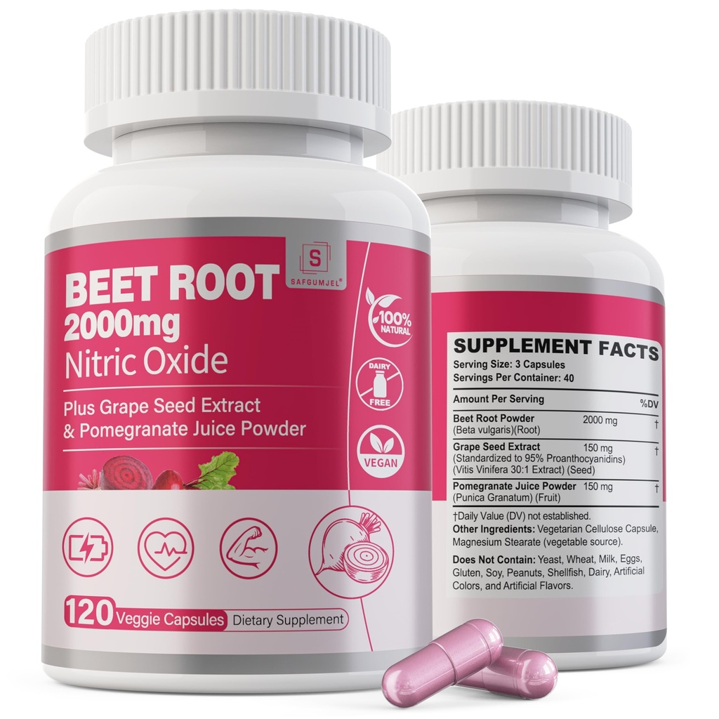 Arıt Kök Capsules 2000 mg Nitrik Oksit Supplements w/ Grape Tohumu Ekstraksiyonu, Pomegranate Ekstraksiyon Destekleri Circulation & Blood Flow, Energy for Men/ Women, Organic Beetroot Toz, Non GMO, 240 Counts