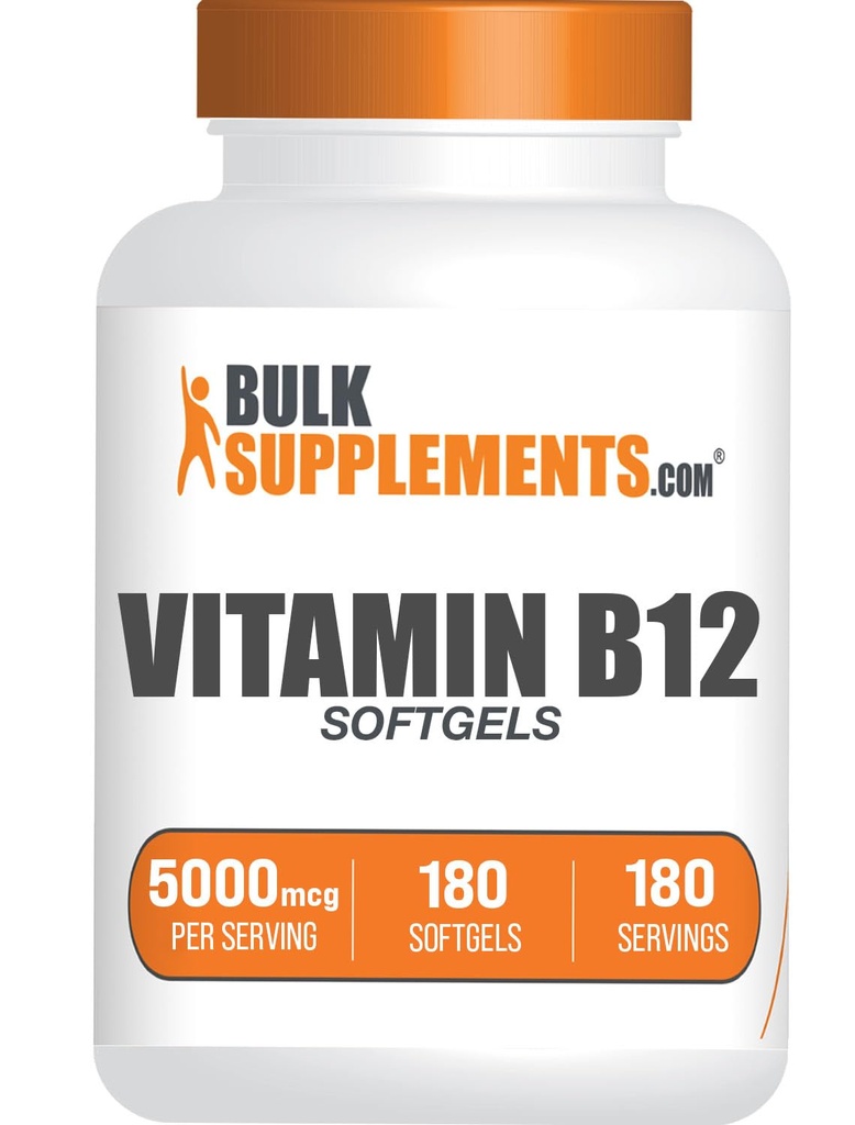 BulkSupplements.com Vitamin B12 5000 mcg Softgels - Cyanocobalamin, Vitamin B Supplements, B12 Vitamins Pills - Gluten Free, 1 Vitamin B12 Softgel per Serving, 180-Day Supply, 180 Softgels