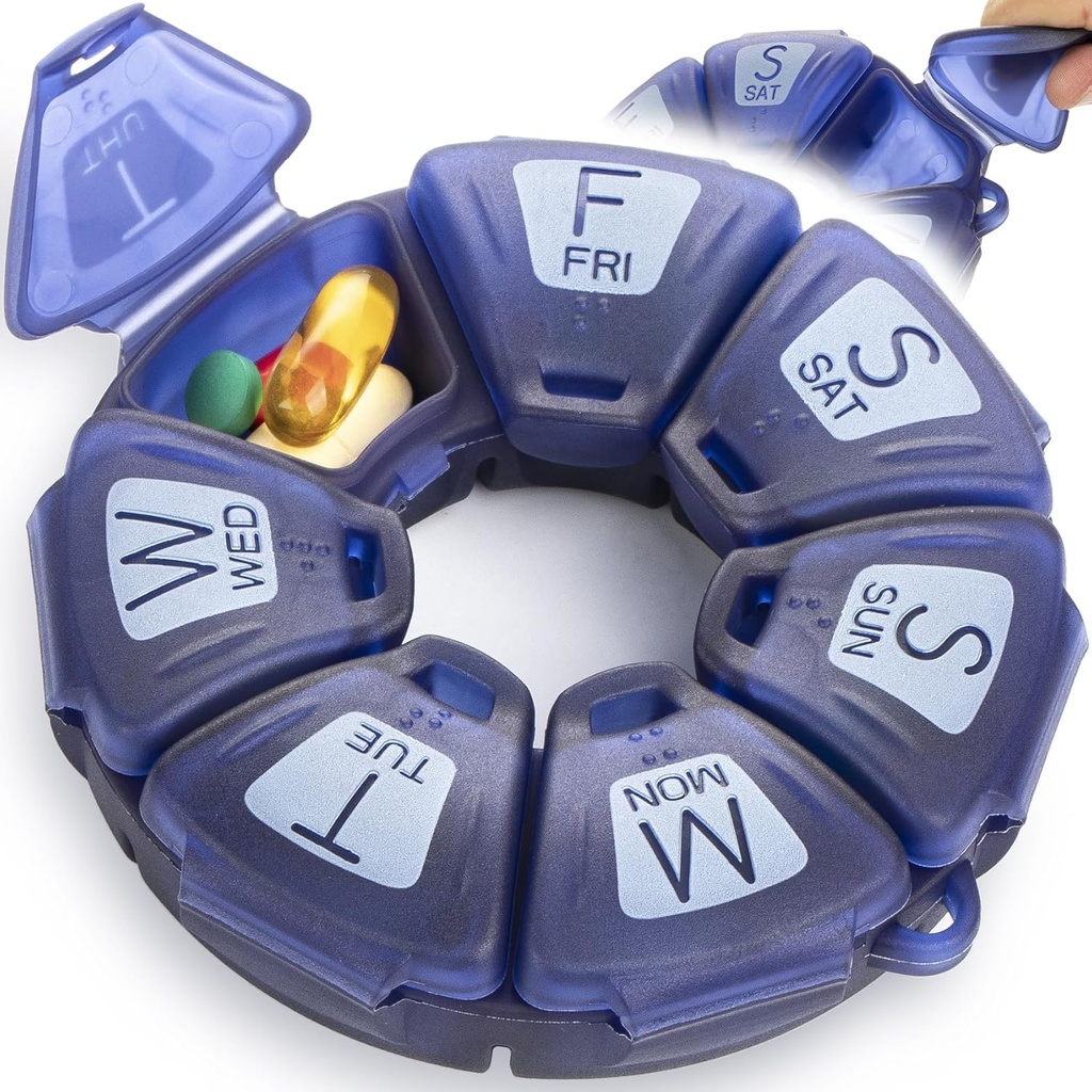 Round Weekly Pill Organizer, Seiko Kauçukized, Travel Pill Container 7 Day, 7 Büyük Karşılaştırmalar, Günlük Vitaminler ve Tamamlar için Büyük, Büyük Mektuplar ve Braille (Mavi)