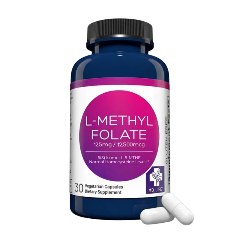 MD Life L-Methylfolate 12.5 mg Supplement - Profesyonel-Grade Active L Torchfolate Supplement - 30 Capsules - L-Methylfolate 12.5 mg - maksimum Potency MTHFR W /Esential