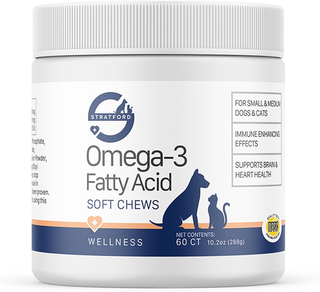 Stratford Farms EZ Chew Omega 3 Fatty Acid Soft Chew Max Strength - Dog Omega 3 Supplement - Soft Chew Köpekler için Balık Yağı ile Tedaviler - Küçük ve Orta Köpekler - 60 Yumuşak Chews