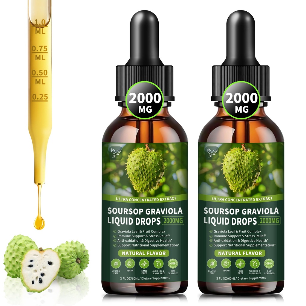 (2 Pack) Soursop Graviola Liquid Drops 2000 mg, Hücre Desteği ve Rejenerasyon için %98 Aborsiyon, Immune Boost, Liver, Herbal Goodness, Soursop Bitters Liquid-Sugar/Gluten Free, Natural Flavor, 4 Fl Oz