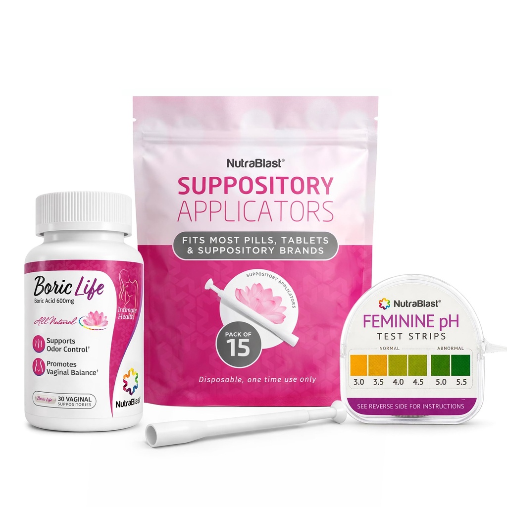NutraBlast Boric Acid Vaginal Suppositories 600 mg (30 Kont) w/Disposable Vaginal Suppository Applicators (15-Pack) ve Feminine pH Testleri 3.0-5.5 (100 Testler Roll)