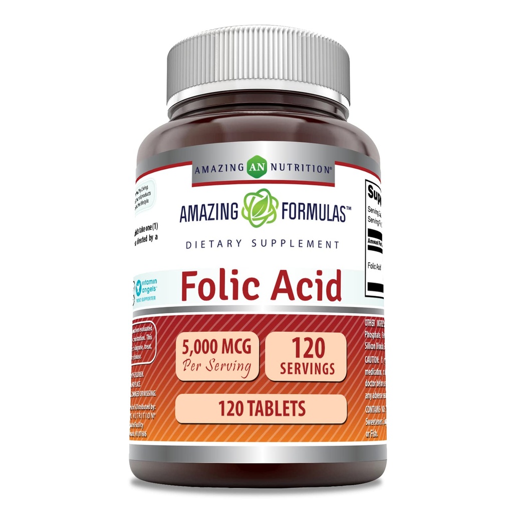 Amazing Formulas Folic Acid (Vitamin B9) Supplement | 5000 Mcg per Service | 120 Tablet | Non-GMO | Gluten-Free | Made in USA USA