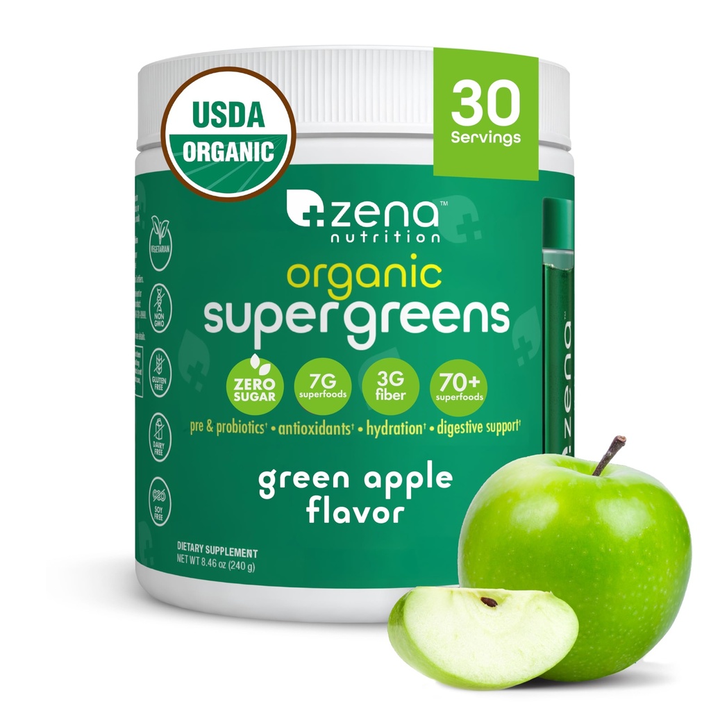 Zena Nutrition Organic Super Greens Toz, 70+ Superfoods, 0 Sugar, 3G Fiber, Spirulina, Chlorella, Mushrooms, Prebiyotiks/Probiyotiks, Digestive Enzymes for Gut Health, Green Apple, 30 Services