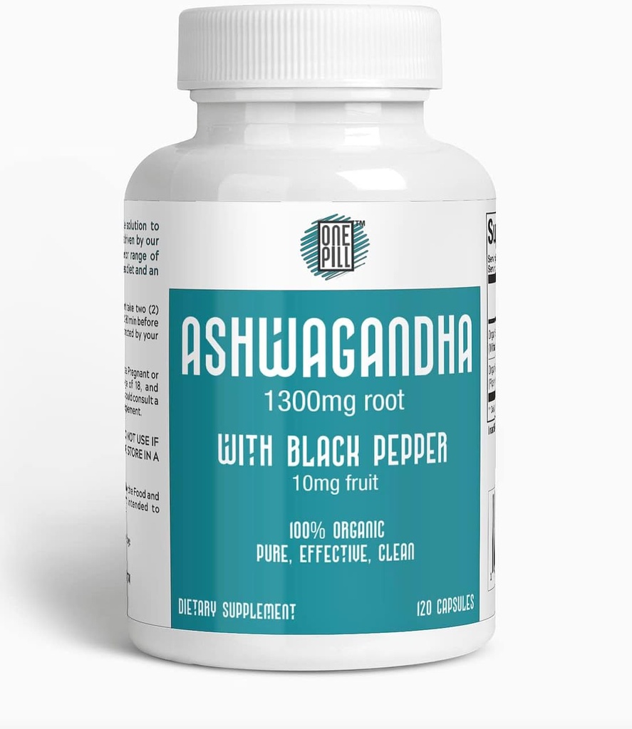 ASHWAGANDHA 1300 mg of Organic Root with Black Pepper. Doğal Stres ve Mood Destek Tamam 120 Capsules